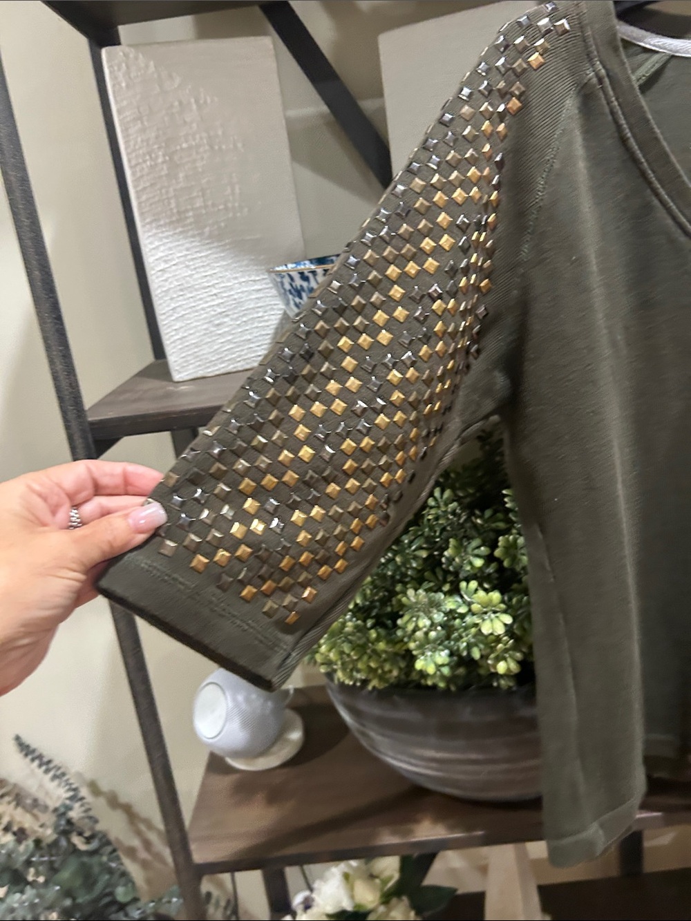 Akoo large Olive Green V-Neck Top with Studded Sleeve Detail - Picture 4 of 6